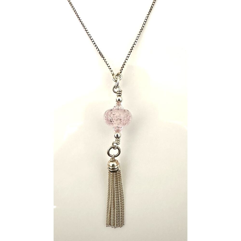 Sterling Silver 34” Adjustable Pink Lamp Work Tassel Pendant Chain Necklace
